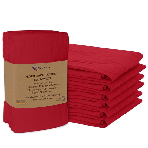 RUVANTI Flour Sack Towels 6 Pack 28x28 Inch, 100% Cotton Tea Towel, Reusable, Machine Washable, Absorbent BarTowels - Dish Cloth Perfect for Drying Dishes & Cleaning - Red
