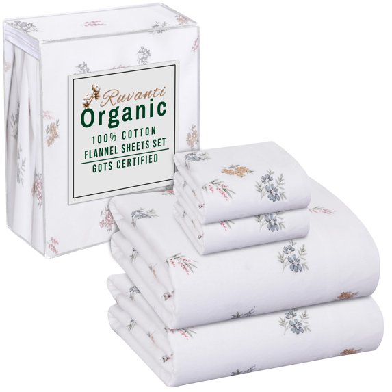RUVANTI Organic Flannel Sheets California King Size - 100% Cotton Double Brushed Bed Sheet Set - Deep Pocket 14 Inches - All Seasons Breathable, Extra Soft, Warm & Cozy - 4 Pieces - Floral
