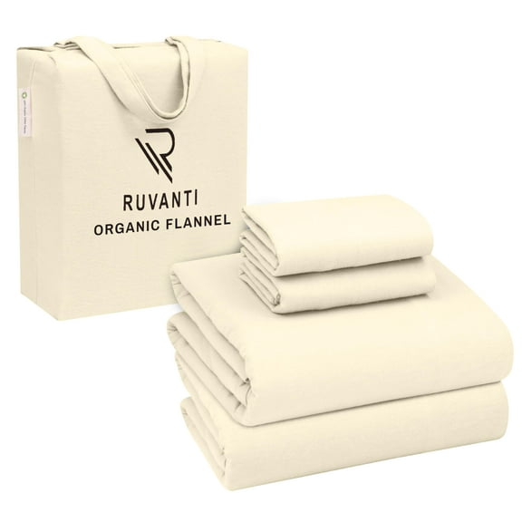 RUVANTI Organic Flannel Sheets California King Size - 100% Cotton Double Brushed Bed Sheet Set - Deep Pocket 14 Inches - All Seasons Breathable, Extra Soft, Warm & Cozy - 4 Pieces - Winter White