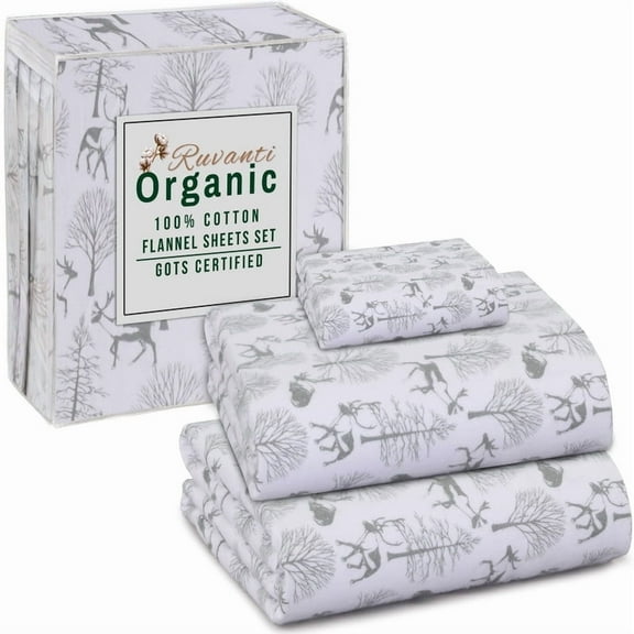 RUVANTI Organic Flannel Sheets Full Size - 100% Cotton Double Brushed Bed Sheet Set - Deep Pocket 16 Inches - All Seasons Breathable, Extra Soft, Warm & Cozy - 4 Pieces - Reindeer Rush
