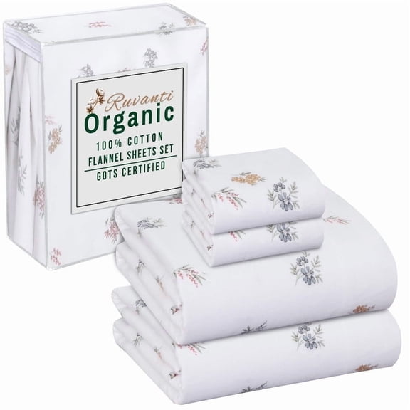 RUVANTI Organic Flannel Sheets Full Size - 100% Cotton Double Brushed Bed Sheet Set - Deep Pocket 16 Inches - All Seasons Breathable, Extra Soft, Warm & Cozy - 4 Pieces - Floral