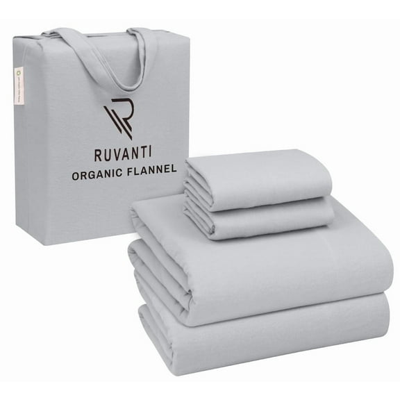 RUVANTI Organic Flannel Sheets King Size - 100% Cotton Double Brushed Bed Sheet Set - Deep Pocket 16 Inches - All Seasons Breathable, Extra Soft, Warm & Cozy - 4 Pieces - Light Grey