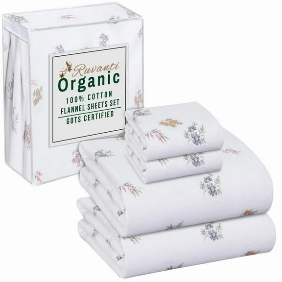 RUVANTI Organic Flannel Sheets Queen Size - 100% Cotton Double Brushed Bed Sheet Set - Deep Pocket 16 Inches - All Seasons Breathable, Extra Soft, Warm & Cozy - 4 Pieces - Floral