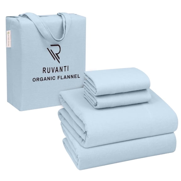 RUVANTI Organic Flannel Sheets Queen Size - 100% Cotton Double Brushed Bed Sheet Set - Deep Pocket 16 Inches - All Seasons Breathable, Extra Soft, Warm & Cozy - 4 Pieces - Baby Blue