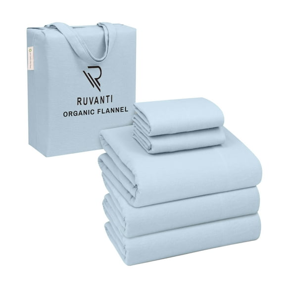 RUVANTI Organic Flannel Sheets Split King Size - 100% Cotton Double Brushed Bed Sheet Set - Deep Pocket 16 Inches - All Seasons Breathable, Extra Soft, Warm & Cozy - 5 Pieces - Baby Blue