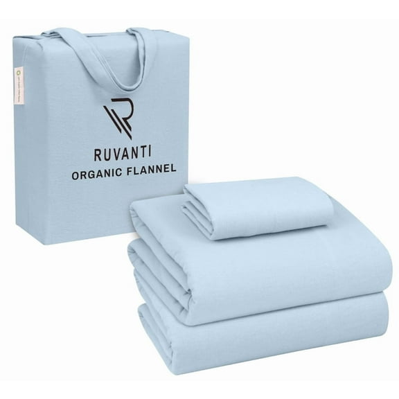 RUVANTI Organic Flannel Sheets Twin Size - 100% Cotton Double Brushed Bed Sheet Set - Deep Pocket 16 Inches - All Seasons Breathable, Extra Soft, Warm & Cozy - 3 Pieces - Baby Blue