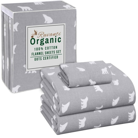 RUVANTI Organic Flannel Sheets Twin Size - 100% Cotton Double Brushed Bed Sheet Set - Deep Pocket 16 Inches - All Seasons Breathable, Extra Soft, Warm & Cozy - 3 Pieces - Baby Bear