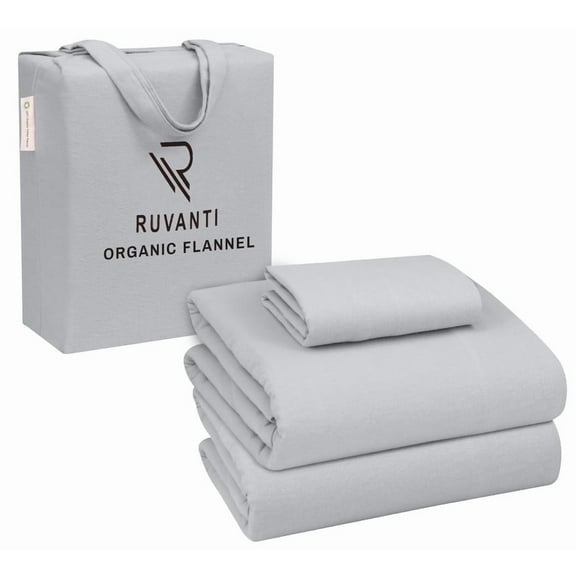 RUVANTI Organic Flannel Sheets Twin XL Size - 100% Cotton Double Brushed Bed Sheet Set - Deep Pocket 16 Inches - All Seasons Breathable, Extra Soft, Warm & Cozy - 3 Pieces - Light Grey