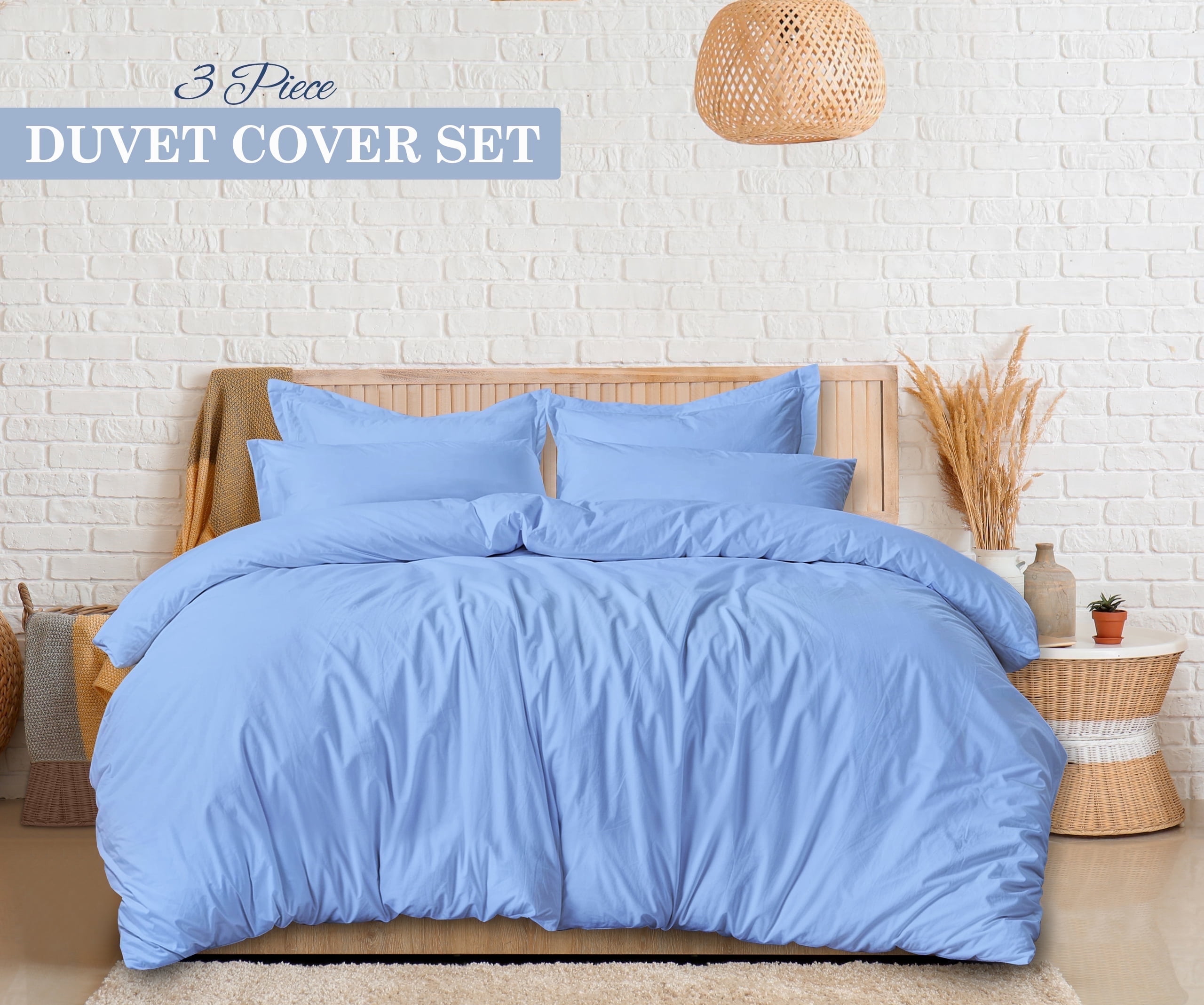 Ruvanti Queen Size Cotton Duvet Cover Set - Sky Blue 3 Pieces with Button Closure, 92x96 inches