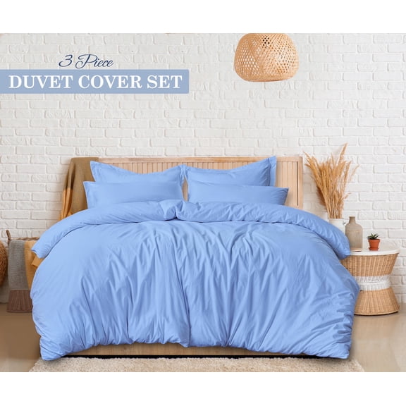 Ruvanti Queen Size Cotton Duvet Cover Set - Sky Blue 3 Pieces with Button Closure, 92x96 inches