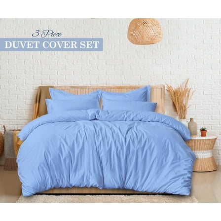 Ruvanti King  Size Cotton Duvet Cover Set - Sky Blue 3 Pieces with Button Closure, 106x96 inches