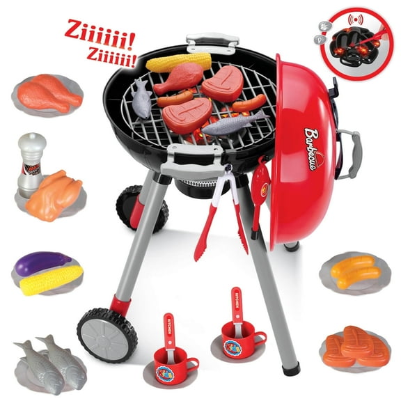 RUVINCE 31-Piece Pretend Toddler Grill Playset  for Toddlers 3-5, 2-Layer Outdoor BBQ Cooking Toy with Smoke, Lights and Sounds, Backyard Pretend Play Kitchen Set, Outside Toys for Boys and Girls