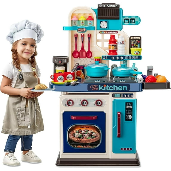 RUVINCE 53pcs Kids Kitchen Playset Chef's Cooking Stove Play Sink Oven Kitchen Toys with Realistic Lights&Sounds Pretend Play Toys for Toddlers