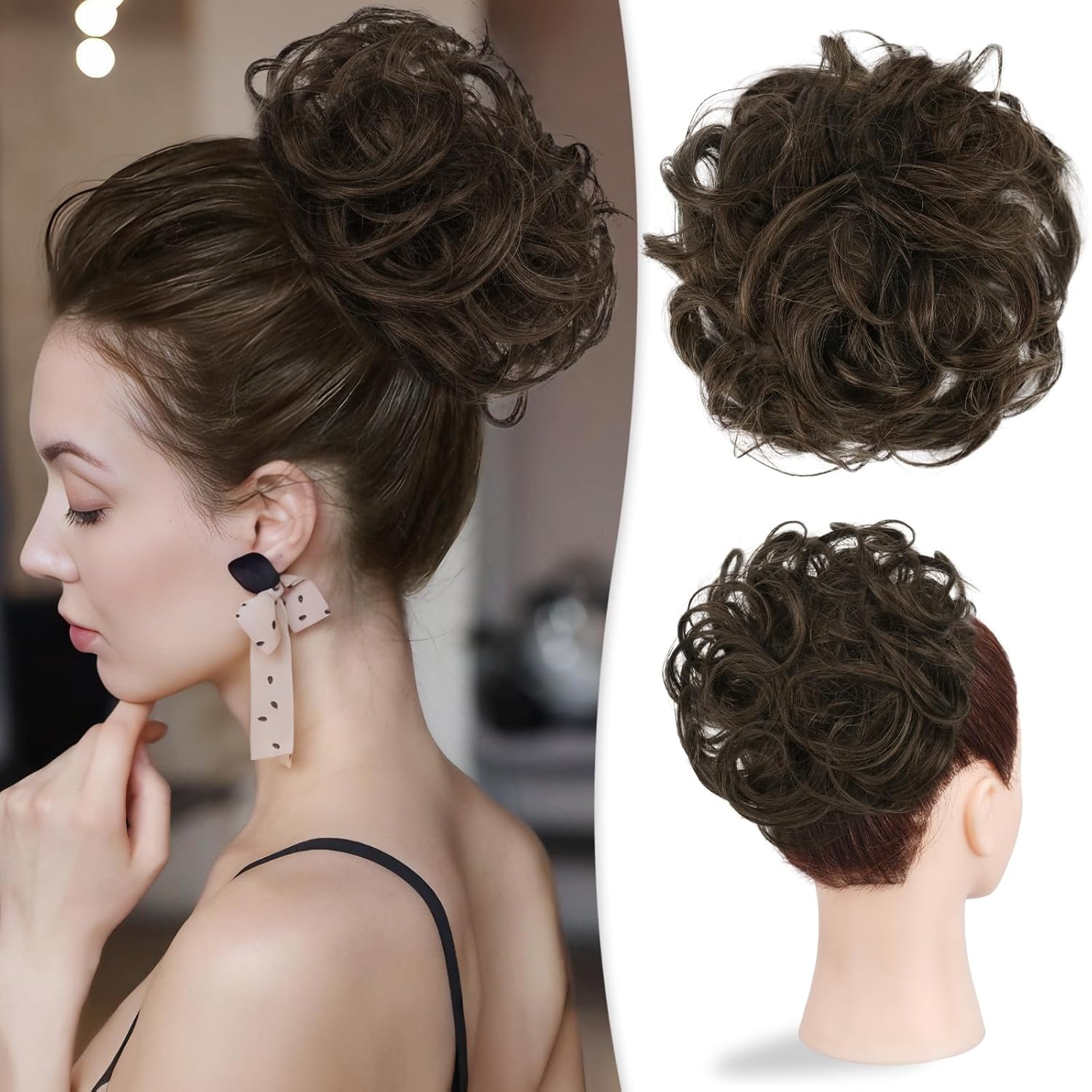 Real Human Hair Messy Bun Extension Adjustable Thick Updo Ponytail 100% Human Hair Messy Rose Bun Hair Piece for Women - Brown  main image 4