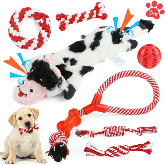 RUXAN 7 Pcs Dog Rope Toys for Aggressive Chewers, Puppy Chew Dog Toys, Teething, Squeaky Toys for Small Dogs