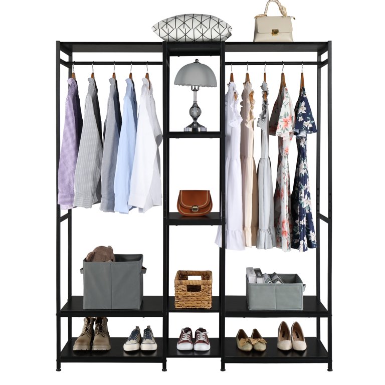 Closet Organizer Metal Garment Rack Portable Clothes Hanger Home Shelf  Black Heavy-Duty Standalone Wardrobe Organizer with Suspender Hanger and  Multiple Storage for Bedroom