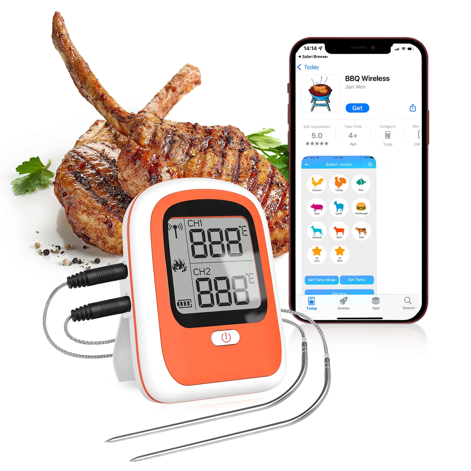 Alpha Grillers Food & Meat Thermometer for Oven w/Temperature Probe, L