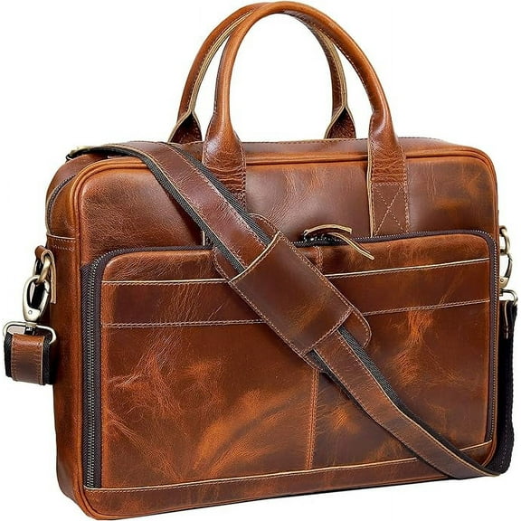 RUZIOON 18 Inch Leather briefcase Laptop Messenger Bags For Men and Women Best Office College Satchel Bag - Tan Brown