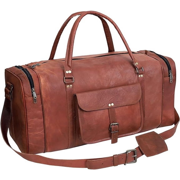 RUZIOON 24 Inch Genuine Leather Duffel Travel Overnight Weekend Leather Bag Sports Gym Duffel Luggage Travel Bag For Men And Women travelling cabin duffle yoga gym bag (24 inch brown)