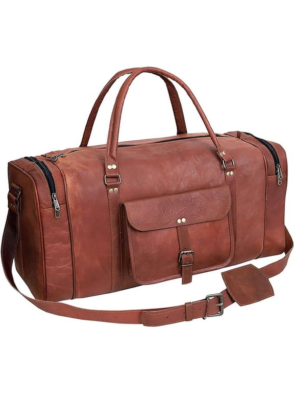 24 Inch Genuine Leather Duffel Travel Overnight Weekend Leather Bag Sports Gym Duffel Luggage Travel Bag For Men And Women travelling cabin duffle yoga gym bag (24 inch brown)