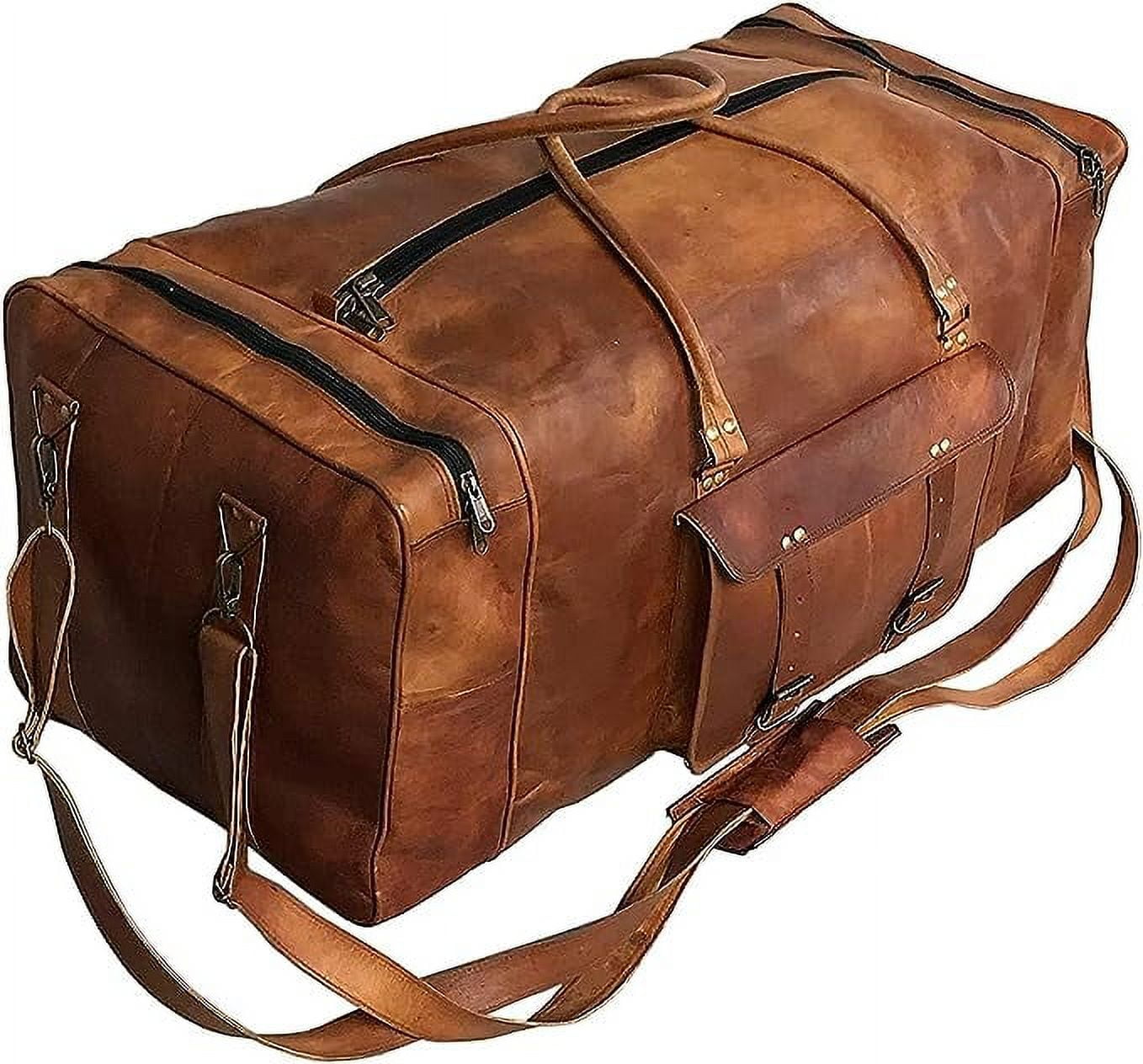 RUZIOON 24 Inch Luggage Leather Handmade Duffel Bag Carryall Weekender Travel Overnight Gym Sports Carry On Duffel Bag For Men And Women
