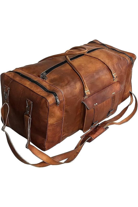 24 Inch Luggage Leather Handmade Duffel Bag Carryall Weekender Travel Overnight Gym Sports Carry On Duffel Bag For Men And Women