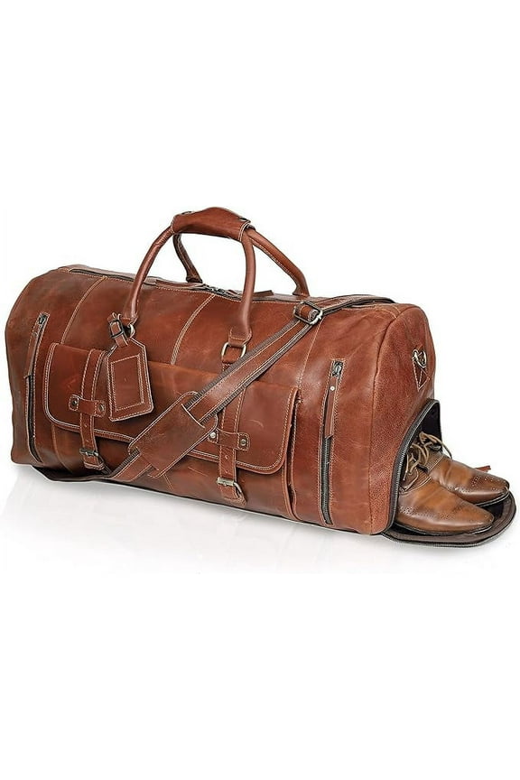 24" Large leather Travel Bag Duffel bag Gym sports flight cabin bag Leather Holdall Overnight Weekend Large luggage bag (LIGHT BROWN)