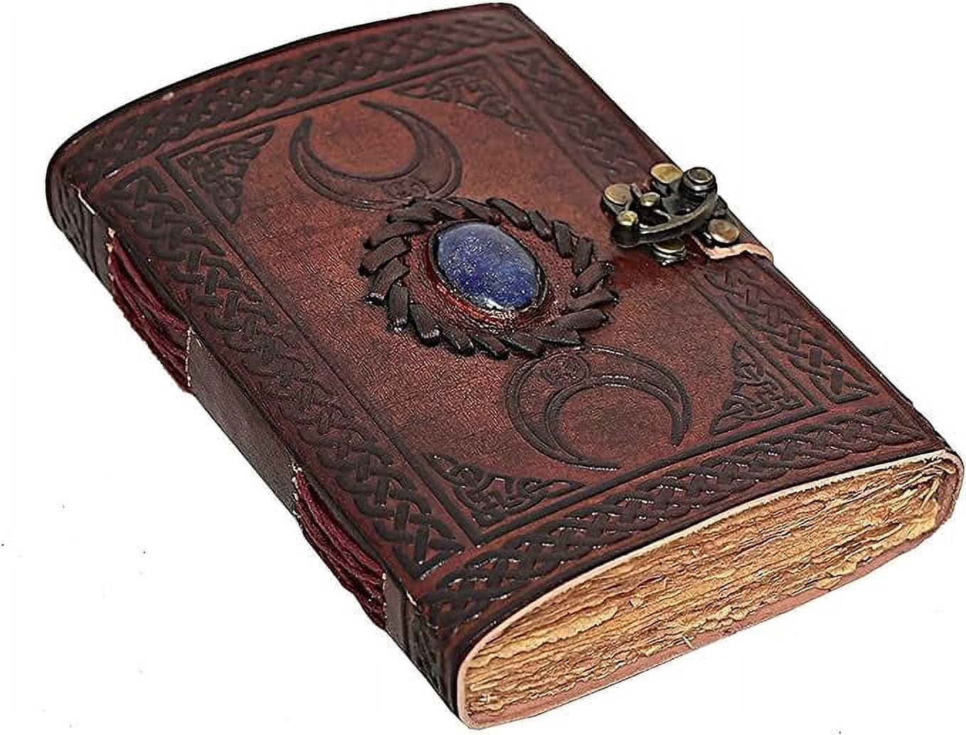 RUZIOON 3 Moon Blue Lapiz Embossed Vintage Leather Journal | 200 Pages of Antique Handmade Deckle Edge Vintage Paper, Leather Sketchbook, Drawing Journal, Great Gift (6 inch by 8 inch, brown)