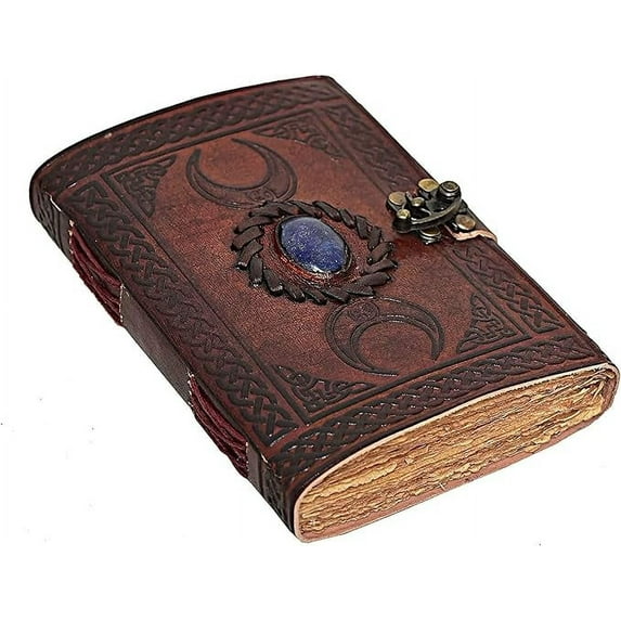 RUZIOON 3 Moon Blue Lapiz Embossed Vintage Leather Journal | 200 Pages of Antique Handmade Deckle Edge Vintage Paper, Leather Sketchbook, Drawing Journal, Great Gift (6 inch by 8 inch, brown)