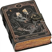 RUZIOON Book of Spells Leather Journal Deckle Edge Paper Grimoire Printed "The Lovers" Tarot Notebook Spiral Gothic Notebook Skull lover Antique Vintage Leather Journals for Men and Women(6 * 8)