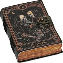 RUZIOON Book of Spells Leather Journal Deckle Edge Paper Grimoire Printed "The Lovers" Tarot Notebook Spiral Gothic Notebook Skull lover Antique Vintage Leather Journals for Men and Women (5 *7 )