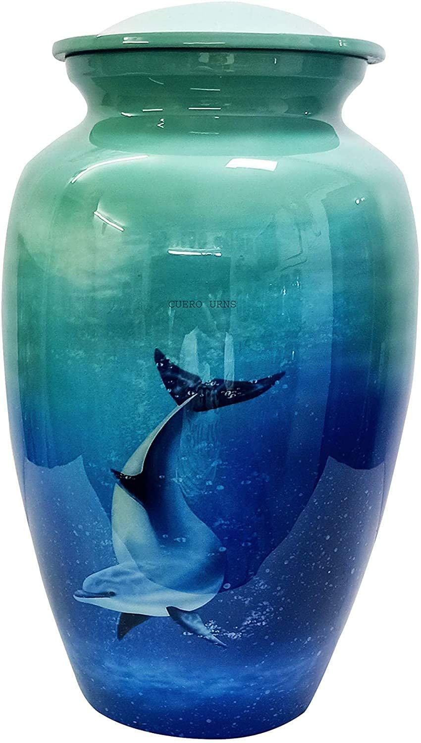 RUZIOON Dolphin Deep Ocean Blue Cremation Urn for Human Ashes - Adult Funeral Urn Handcrafted - Affordable Urn for Ashes (Adult (200 lbs) – 10.5 x 6 “, Lovely Dolphin Deep Ocean Blue Cremation Urn)