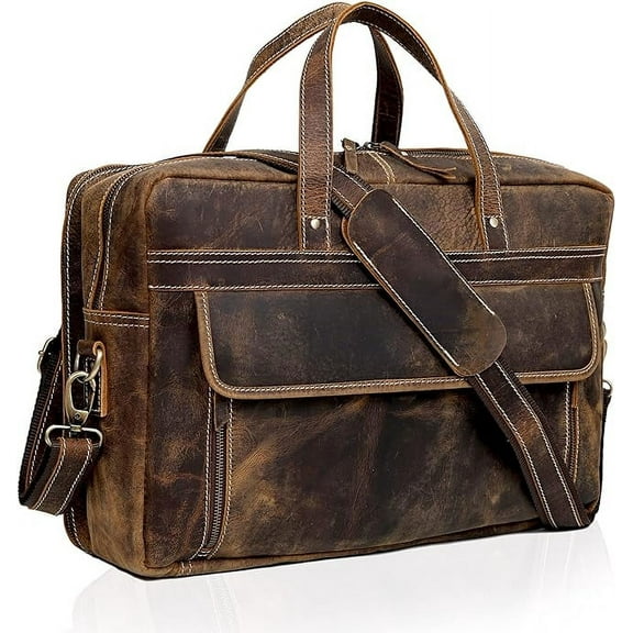RUZIOON Full Grain Leather Briefcase For Men Business Travel Fits 17'' Laptop Messenger Bag Office Briefcase Crossbody Travel Bag For Men
