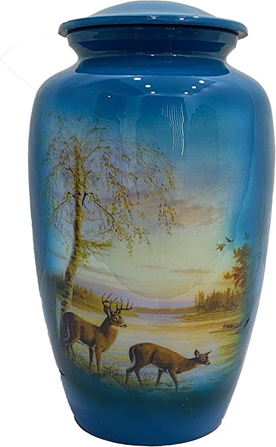 RUZIOON Grazing Deer Cremation Urn, Adult Urns for Ashes - Adult Funeral Urn Handcrafted - Affordable Urn for Ashes (Adult (200 lbs) – 10.5 x 6 “, (Large/Adult Urn) with Nice Velvet Bag