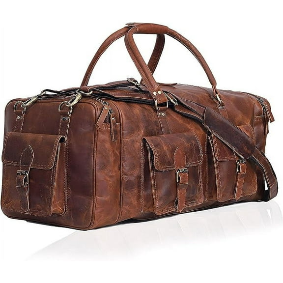 RUZIOON Large duffel bags for men hold all leather travel bag overnight gym sports weekend bag (24" Large Tan)