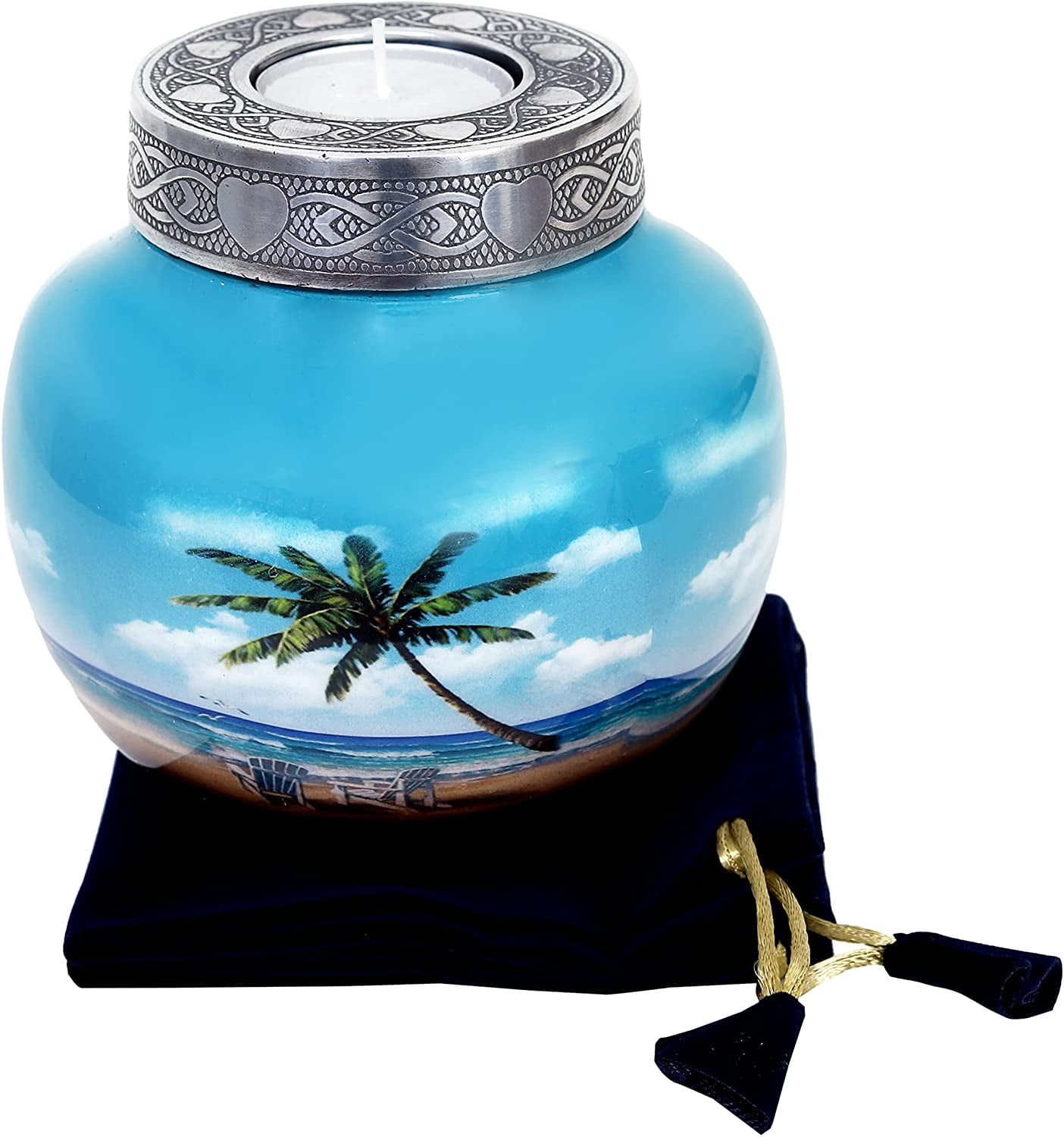 RUZIOON Lovely Beach Urn Blue Palm Tree Design Cremation Urns for Human Ashes Cremation Sharing Urn to Remember Your Loved One Medium Funeral Urn - Modern Beautiful Memorial Urn 6 x 5