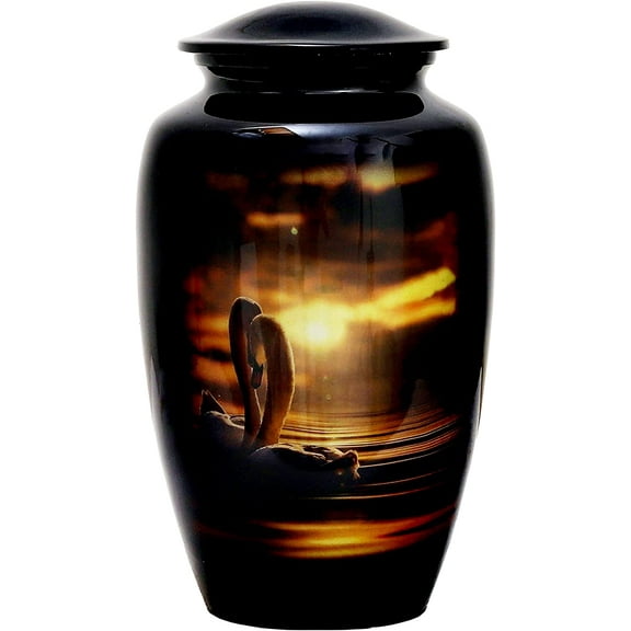 RUZIOON Lovely Swan Sunset Mating Cremation Urn for Human Ashes - Adult Funeral Urn Handcrafted - Affordable Urn for Ashes (Adult (200 lbs)  10.5 x 6, Lovely Swan Sunset Mating Cremation Urn)