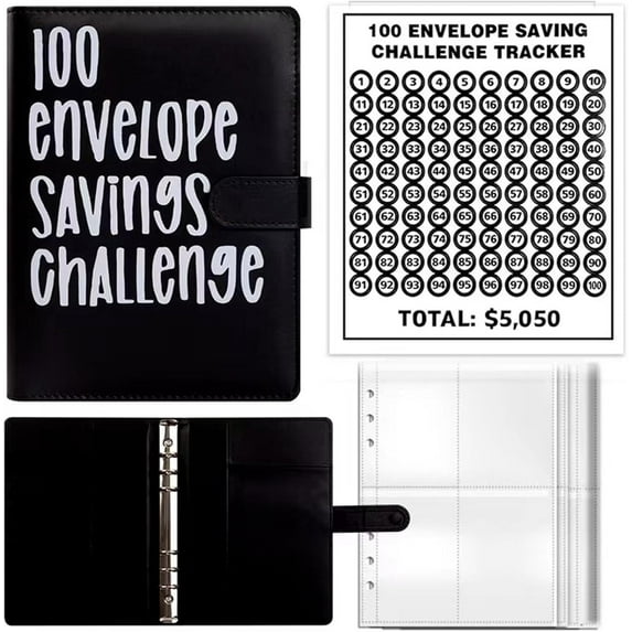 RUseeN 100 Envelopes Money Saving Challenge Binder Savings Challenges Book with Cash Envelopes to Save $5,050, Budget Binder Planner Book for Budgeting Planner & Saving Money, Black