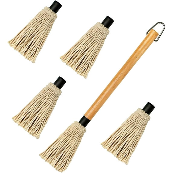 RUseeN 18 Inch BBQ Basting Mop with 4 Extra Replacement Heads, Grill Basting Mop Wooden Long Handle Perfect for BBQ Grilling Smoking Steak