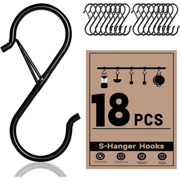 RUseeN 18 Pack Heavy Duty S Hooks with Safety Buckle, 3.5 Inch S Shaped Hooks for Hanging Plants, Clothes, Kitchen Utensils, Bags, Black