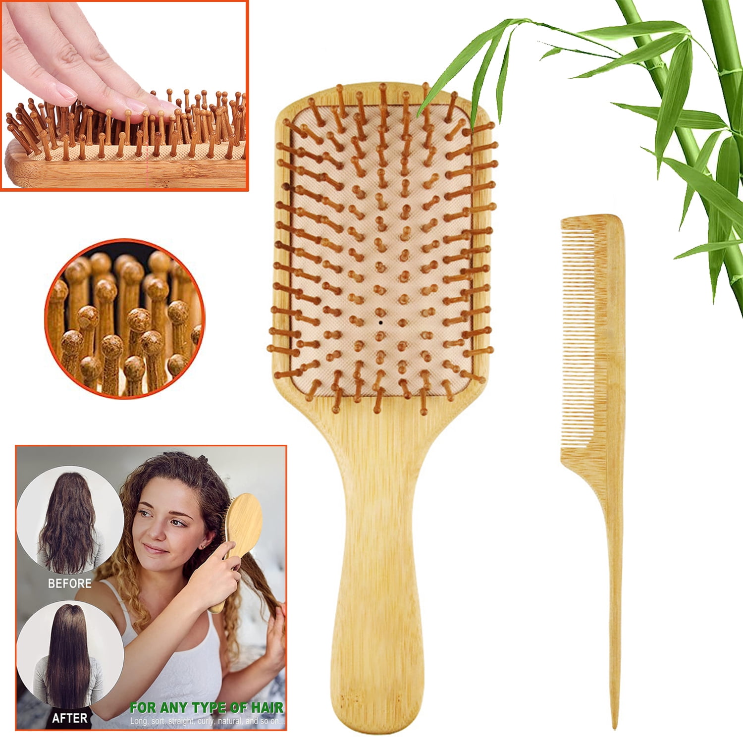 RUseeN 2 PCS Bamboo Hair Brush Set, Massages Scalp AntiStatic Hair Detangle, Lightweight, 100