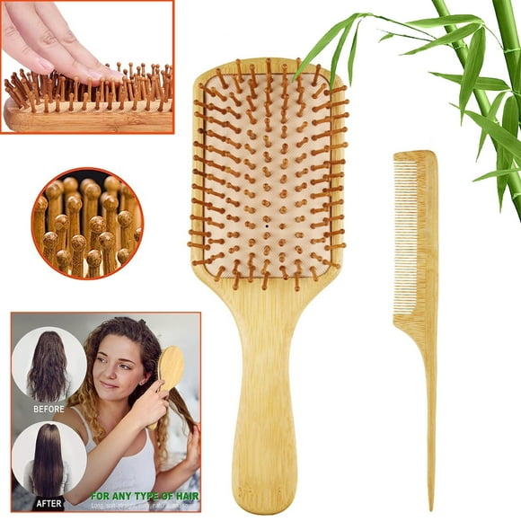 RUseeN 2 PCS Bamboo Hair Brush Set, Massages Scalp Anti-Static Hair Detangle, Lightweight, 100% Natural Bamboo Comb Paddle Detangling Hairbrush for Women Men Dry/Curly/Thick/Thin/Straight Hair Kit