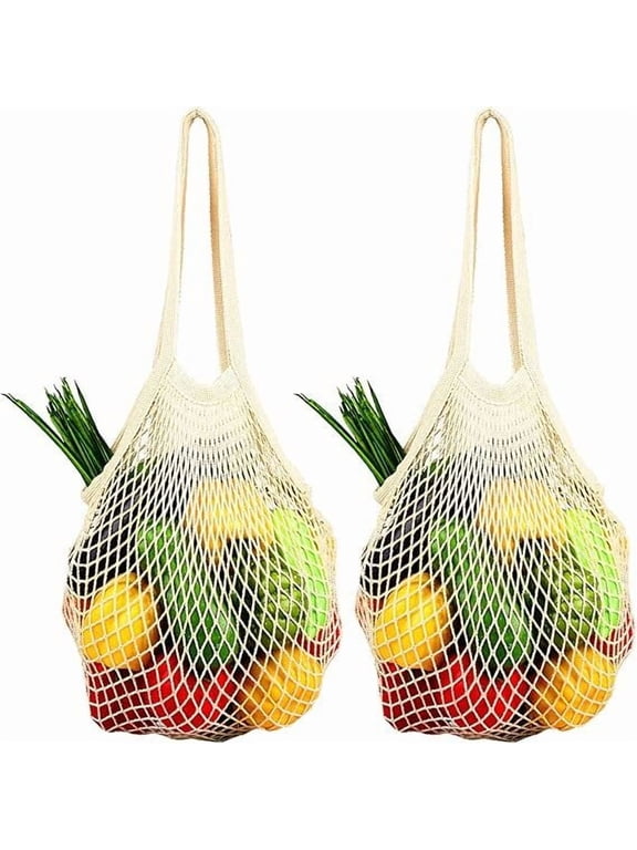 2 Pack Premium Mesh Grocery Bags, Reusable Produce Bags, Long Handle Net Tote Bags, 100% Cotton String Bags, Fruit and Vegetable Bags, Beige (Portable/Washable/Durable)