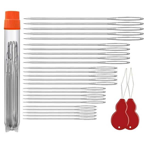 RUseeN 25 PCS Large Eye Hand Sewing Needles with 2 Threaders, Sewing Sharp Needles, Leather Embroidery Thread Needle, Stainless Steel Yarn Knitting Needle with Plastic Bottle, Random color