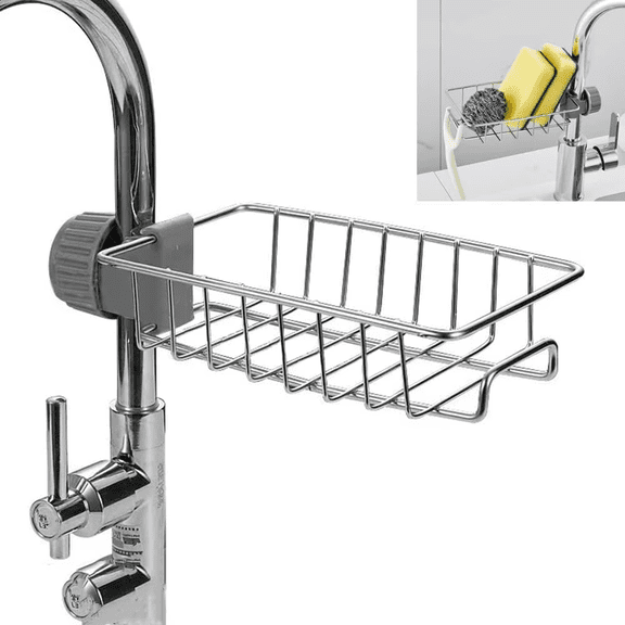 RUseeN 2PCS Kitchen Faucet Sink Caddy Organizer Rack, Stainless Steel Multifunction Sink Caddy, Sponge Holder, Scrub Daddy Sponge, Dish Brush Stand, Soap Holder