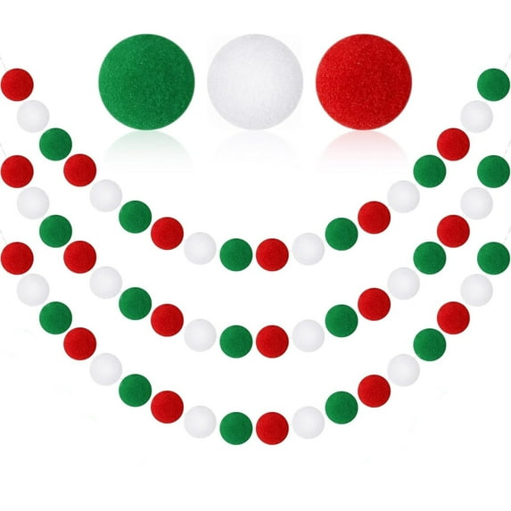 RUseeN 3 Pieces Christmas Wool Felt Rainbow Ball Garland Colorful Pom Pom 6.5 ft Long 30 Ball Garland for Easter Mardi Gras Classroom Thanksgiving Xmas (Red, White, Green)