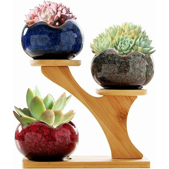RUseeN 3 Tiers Bamboo Plant Stand Shelf, Desk Flower Pot Holder, Desktop Shelf Display Organizer Ladder Rack For Office Decorate Storage Rack