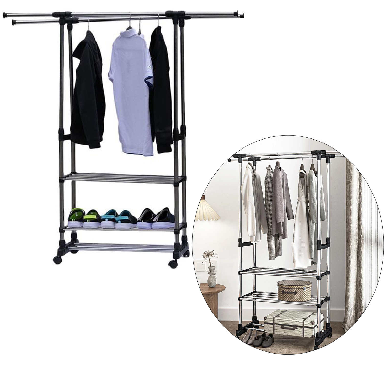RUseeN 3 Tiers Clothing Garment Rack with Shelves Clothing Racks on