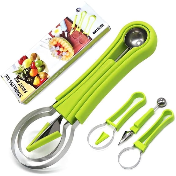 RUseeN 4 In 1 Melon Baller Scoop, Stainless Steel Watermelon Cutter Fruit Carving Tools Set for Fruit Slicer Dig Pulp Separator, Green