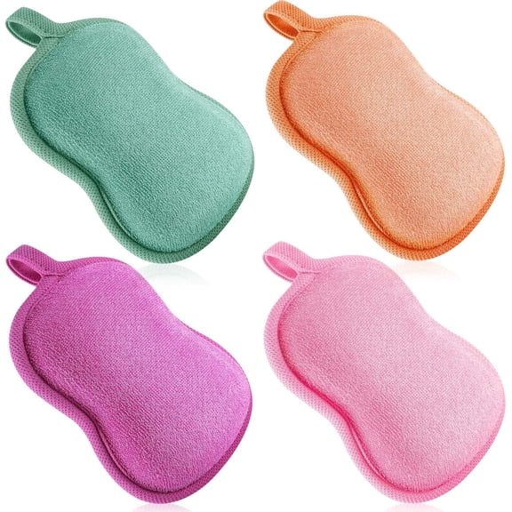 RUseeN 4 Pieces Bath Sponge, Foam Loofah, Body Scrubber for Bathing, Exfoliating Shower Pouf for Shower, (Red, Purple, Green, Orange)